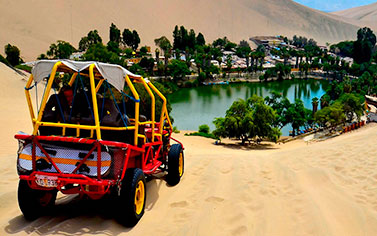 A golf cart takes tourists across a scenic landscape