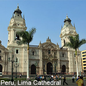 Front view of the Lima Cathedral in Peru