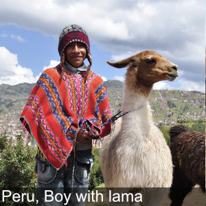 An Indigenous Boy in Peru riding a llama
